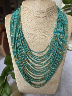 Handcrafted Turquoise & Gold Beaded MultiStrand Necklace, Made In Ecuador